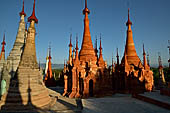 Inle Lake Myanmar. Indein, on the summit of a hill the  Shwe Inn Thein Paya a cluster of hundreds of ancient stupas. Many of them are ruined and overgrown with bushes. 